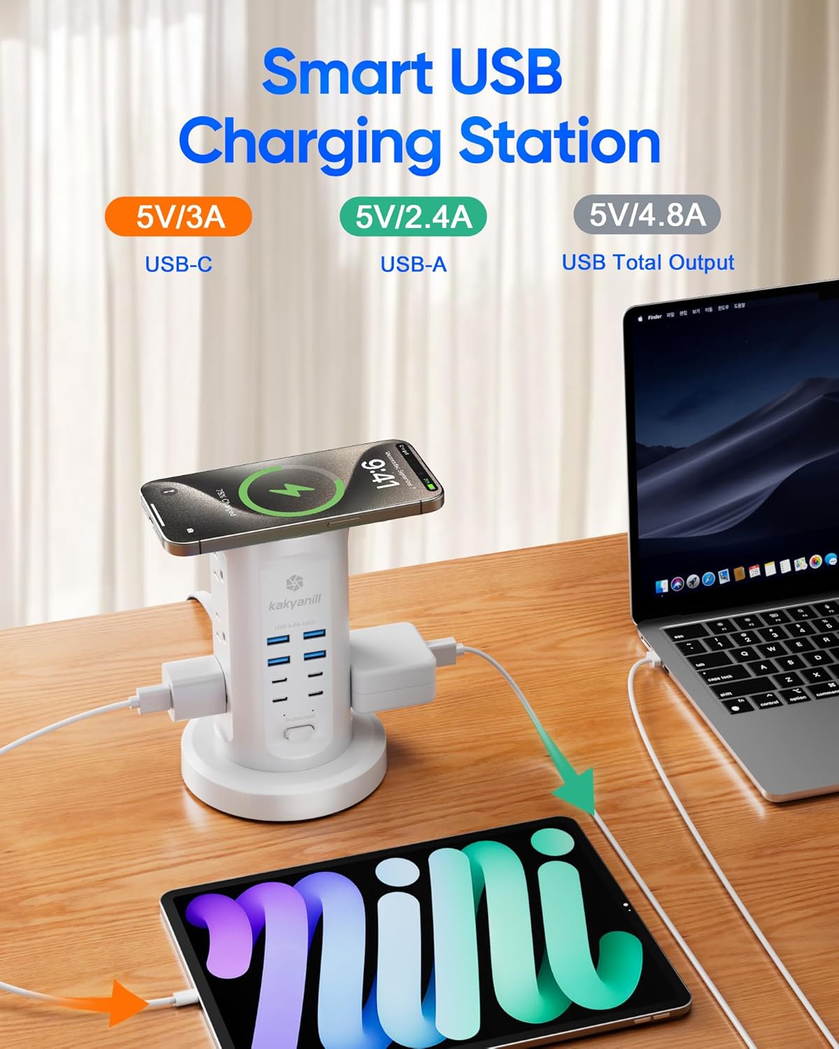 Power Strip Tower, kakyanill Charging Station 9 AC Outlets 8 USB Ports | 6 Ft Retractable Extension Cord, 15W Wireless Charger, White