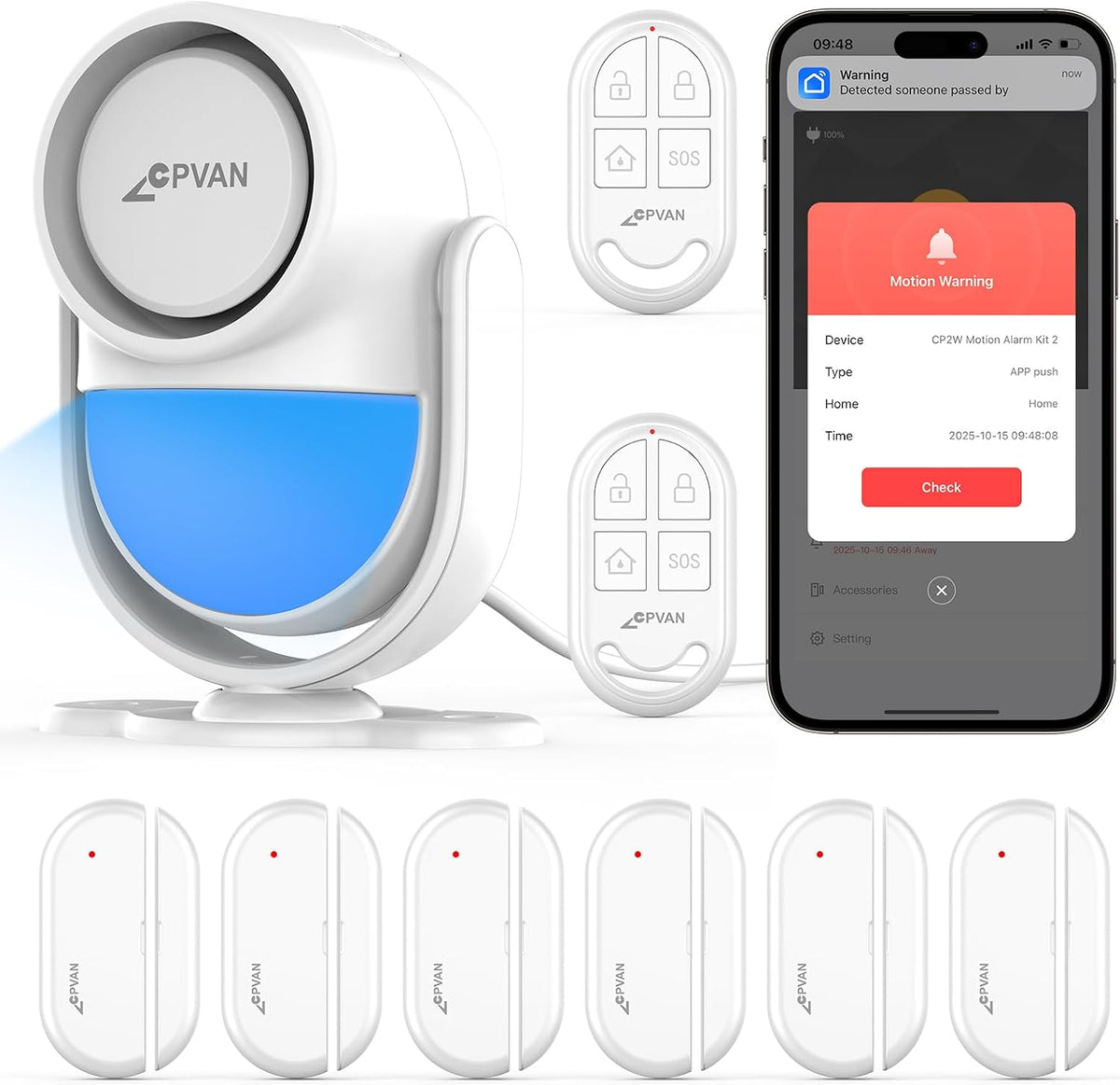 CPVAN WiFi Motion Sensor Alarm System, 125dB Smart PIR Motion Detector with 6 Door Window Sensors, Phone App Alerts, Wireless Indoor Home Security Kit, 2.4GHz WiFi, White