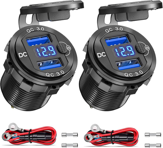 2 Pack 12V USB Outlet Dual QC 3.0 Fast Charger Waterproof USB Car Socket
