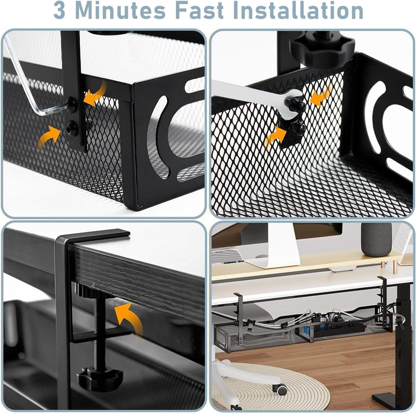 Cable Management, 25'' Cable Management Under Desk, Cable Tray | No Drill Under Desk Cable Management Tray, Cord Organizer with Clamp for Standing Desk, Desk Organizer for Home Office