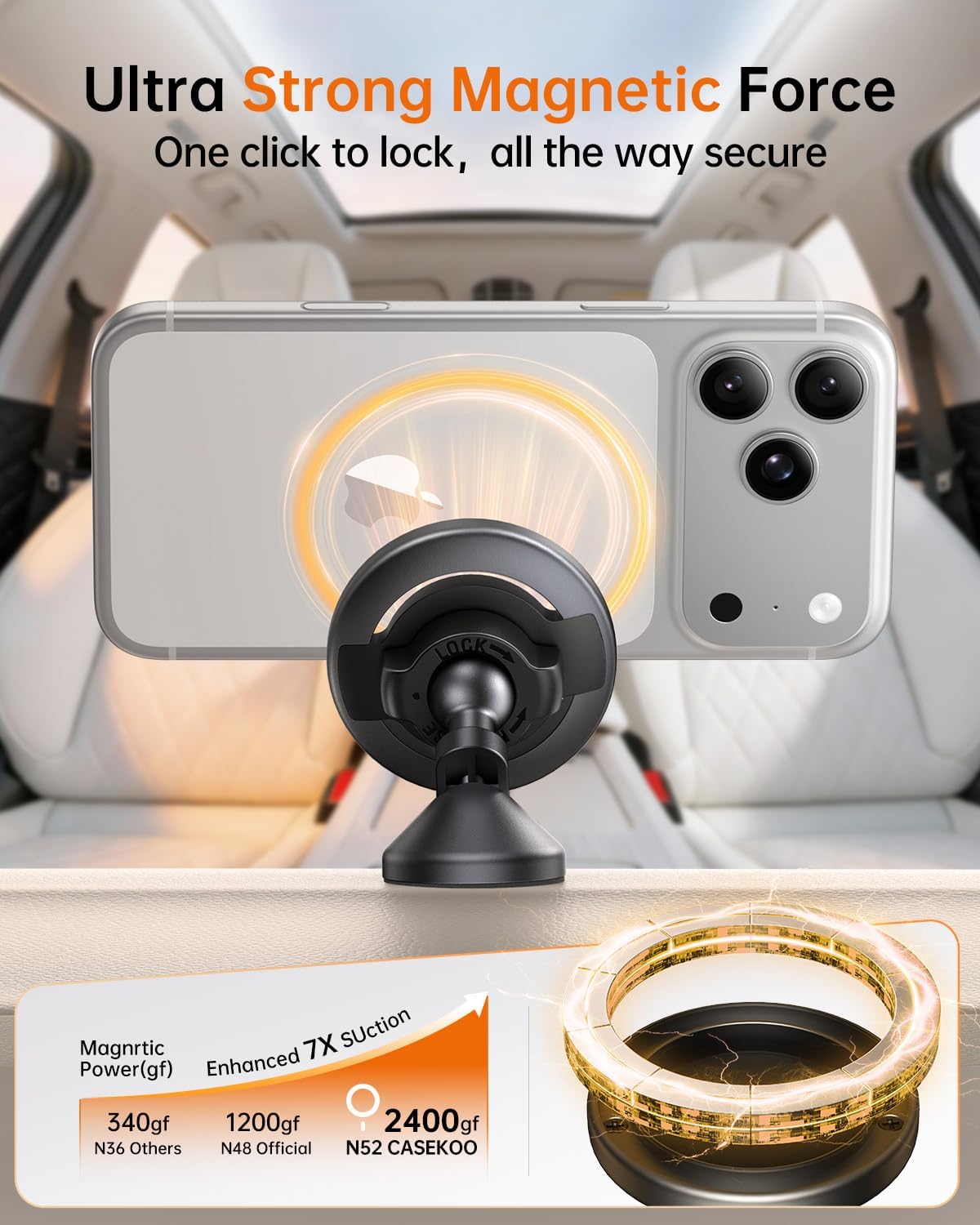 SYNCWIRE MagSafe Car Mount, Adjustable Magnetic Phone Holder, Space Gray | 360° Rotating Strong Magnet Phone Mount with 3M VHB Adhesive, Compatible with iPhone 17/16/15/14/13/12 & MagSafe Cases
