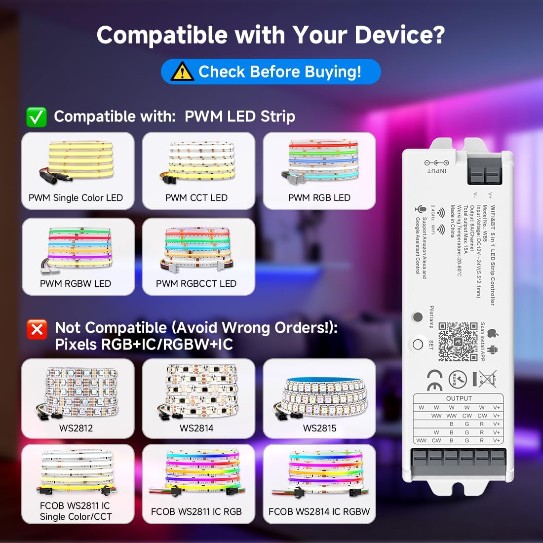 BTF-LIGHTING 5-in-1 WB5 2.4GHz WiFi LED Controller, PWM Dimmer Compatible with Alexa/Google Home/Tuya Smart/Smart Life APP, for Dimming/CCT/RGB/RGBW/RGBCCT Strip Light, Work with WR01RF, WR02RF, etc.
