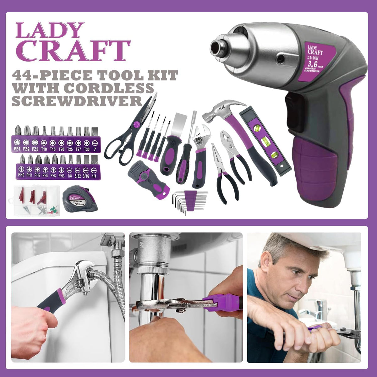 4V Cordless Screwdriver Tool Kit Set Purple Tool Lady 44PCS | Home tool set,small DIY projects, lightweight design,right weight for women,women/girls gift,storage case
