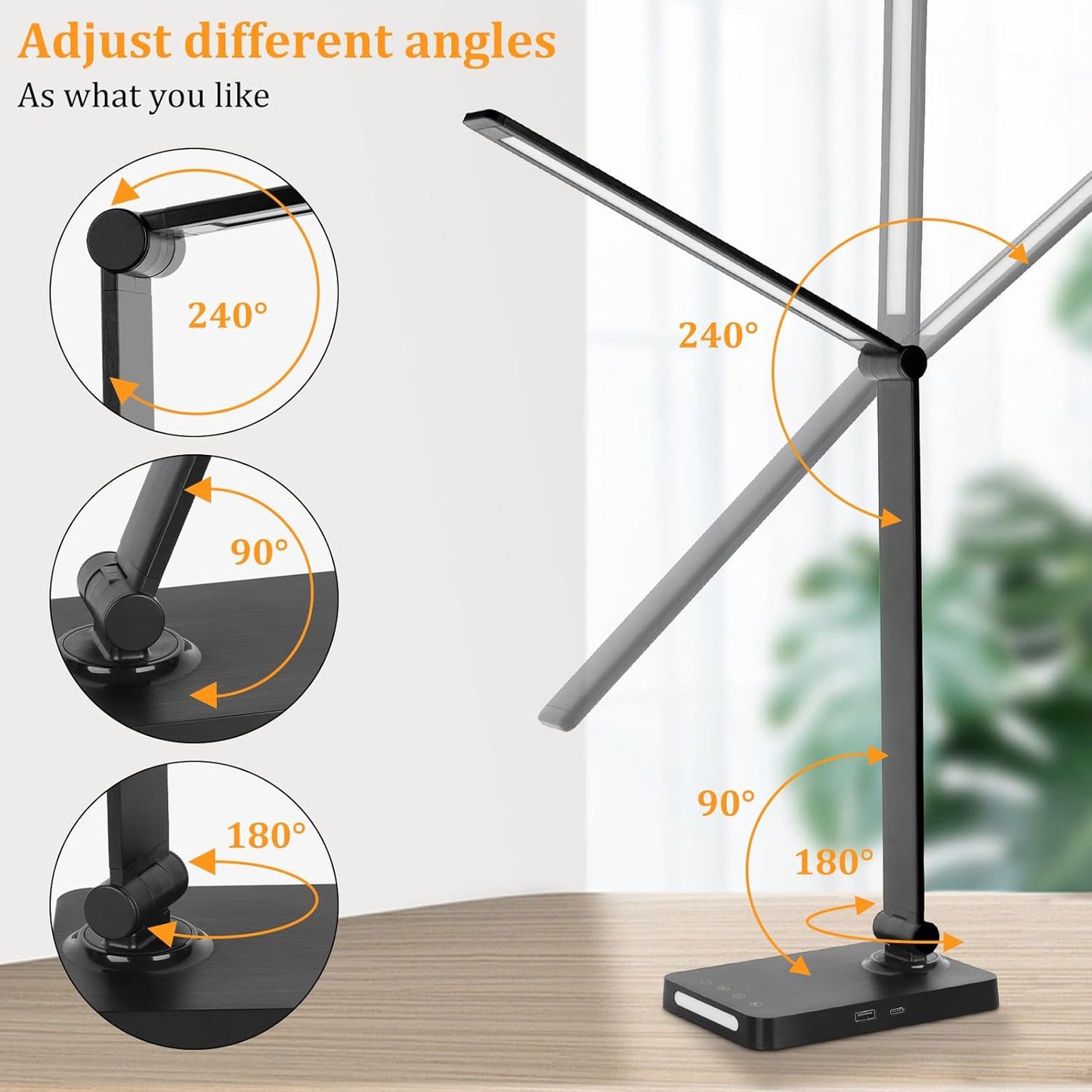 LED Desk Lamp with USB Ports,Touch Desk Lamps for Home Office with 5 Modes | 3 Brightness Desk Light with Small Night Light,Reading Lamp Table Lamp for Bedroom Bedside Study Black （with adapter）