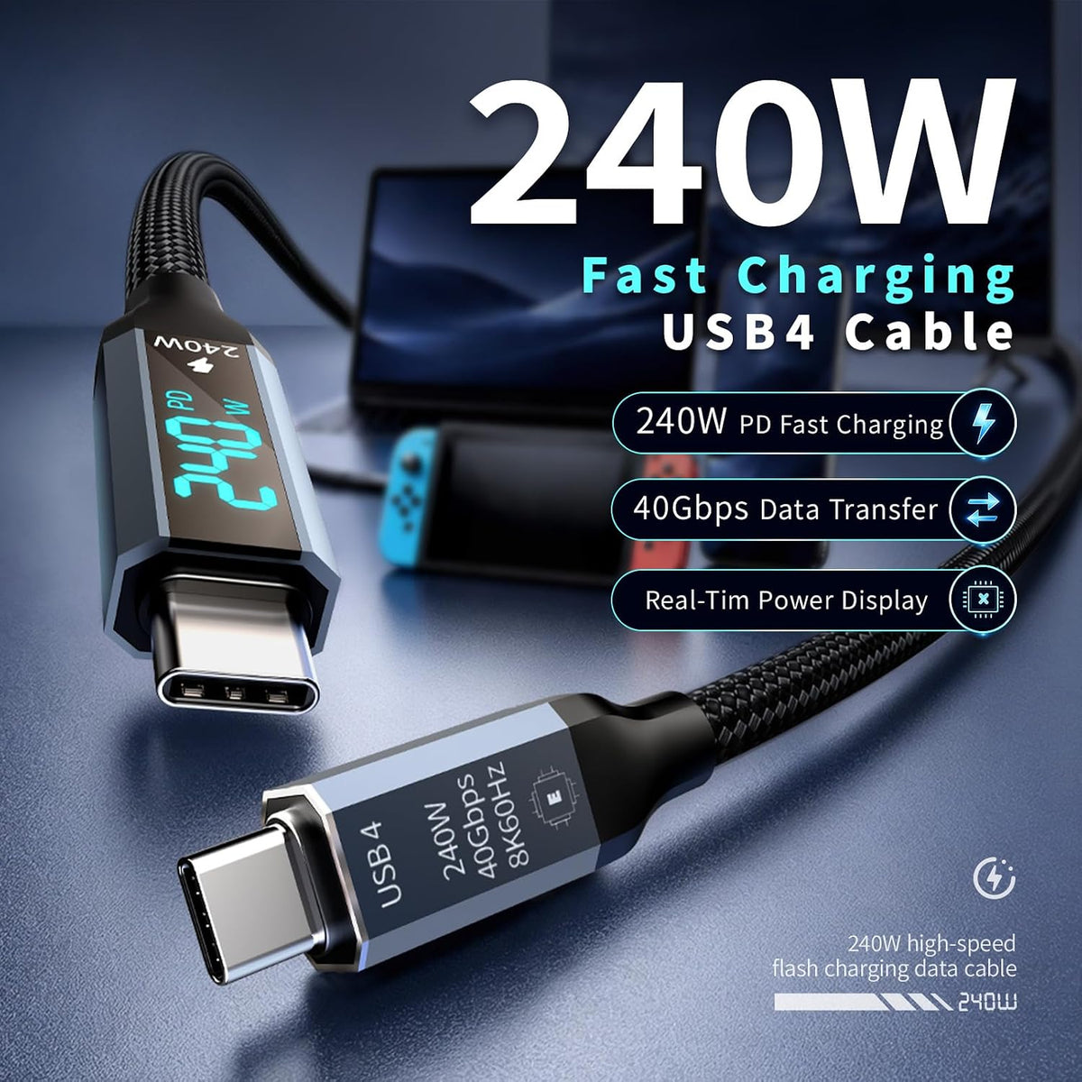 40Gbps USB4 Cable 240W USB-C to USB-C Cable, 8K@60Hz & 4K@144Hz High Refresh Video, 5ft Nylon Braided Fast Charging Cord, for Thunderbolt 4, Docking Station, External SSD, eGPU, Mac mini M4, Dell XPS
