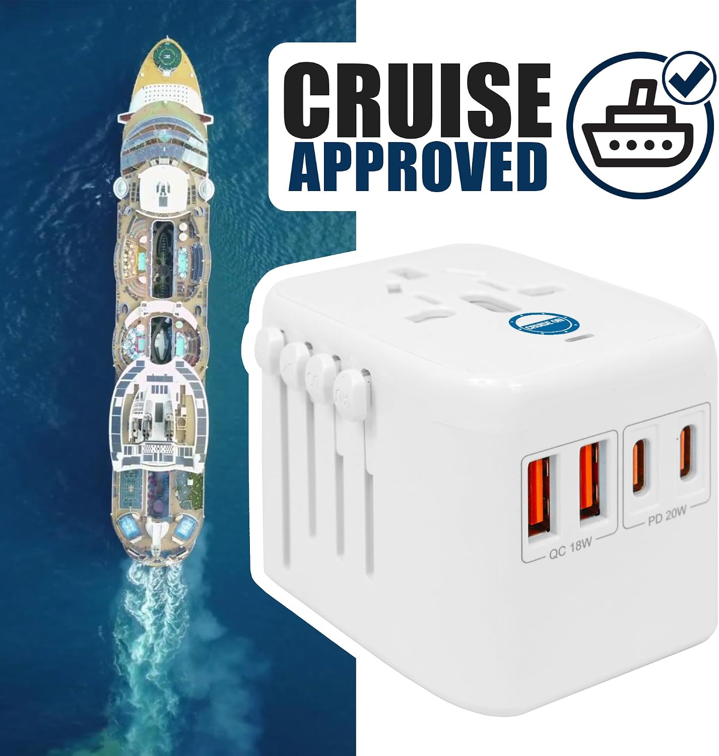 Cruise On Universal Travel Adapter, Cruise Approved (incl Royal Caribbean, Disney, MSC) - International Power Adapter [2 USB-C, 2 USB, AC] World Travel Plug Adapter Converter USA, Italy, Europe, Asia