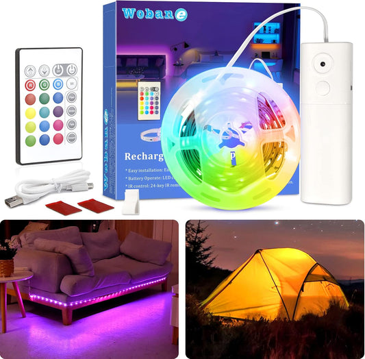 WOBANE Rechargeable LED Strip Light, 6.56ft Color Changing Strip Lights