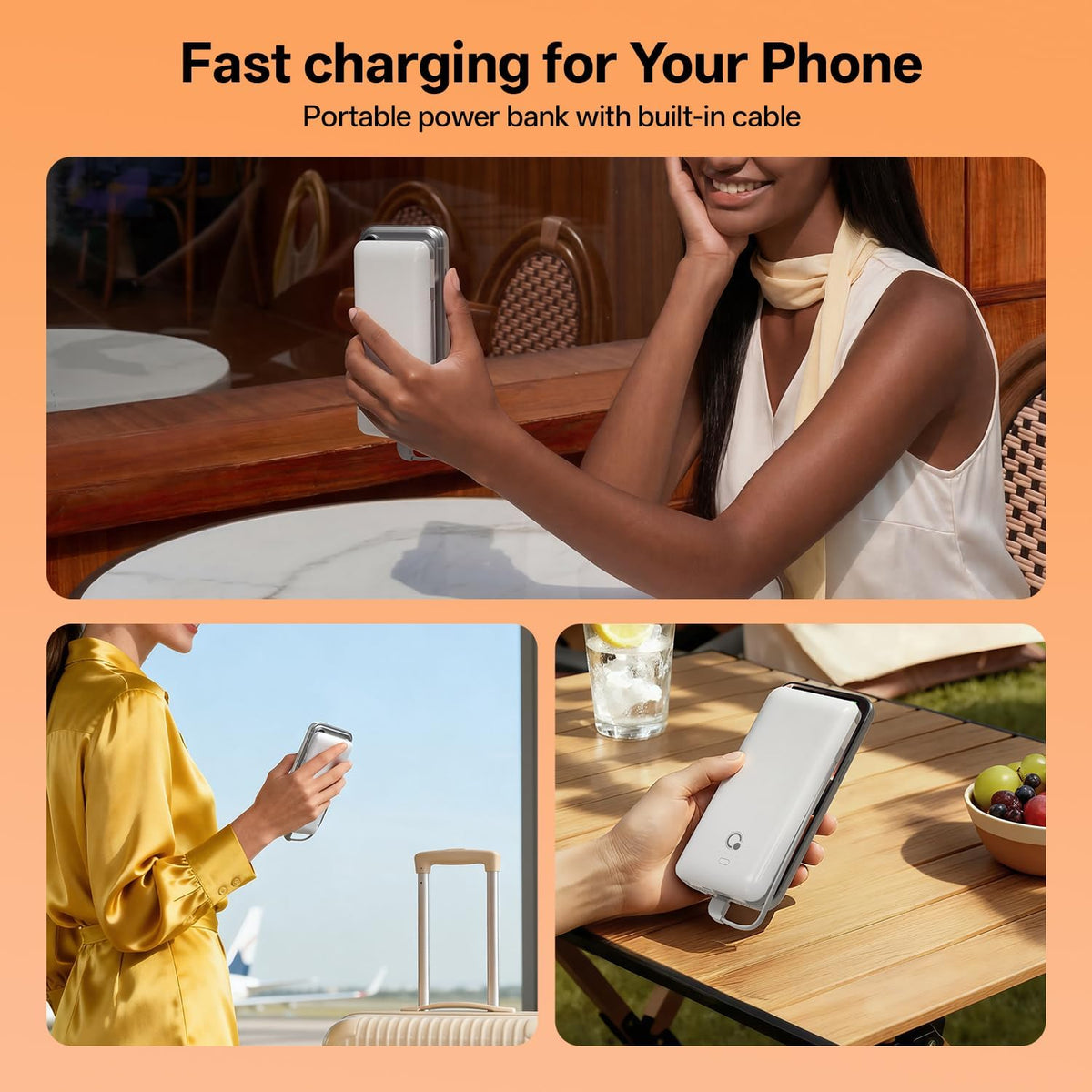 Portable Charger with Built-in Cables and AC Wall Plug, USB C External Battery Pack, 10000mAh Travel Essentials Power Bank Compatible with iPhone17/16/15/14/13, Samsung Galaxy, Pixel,Tablet and More