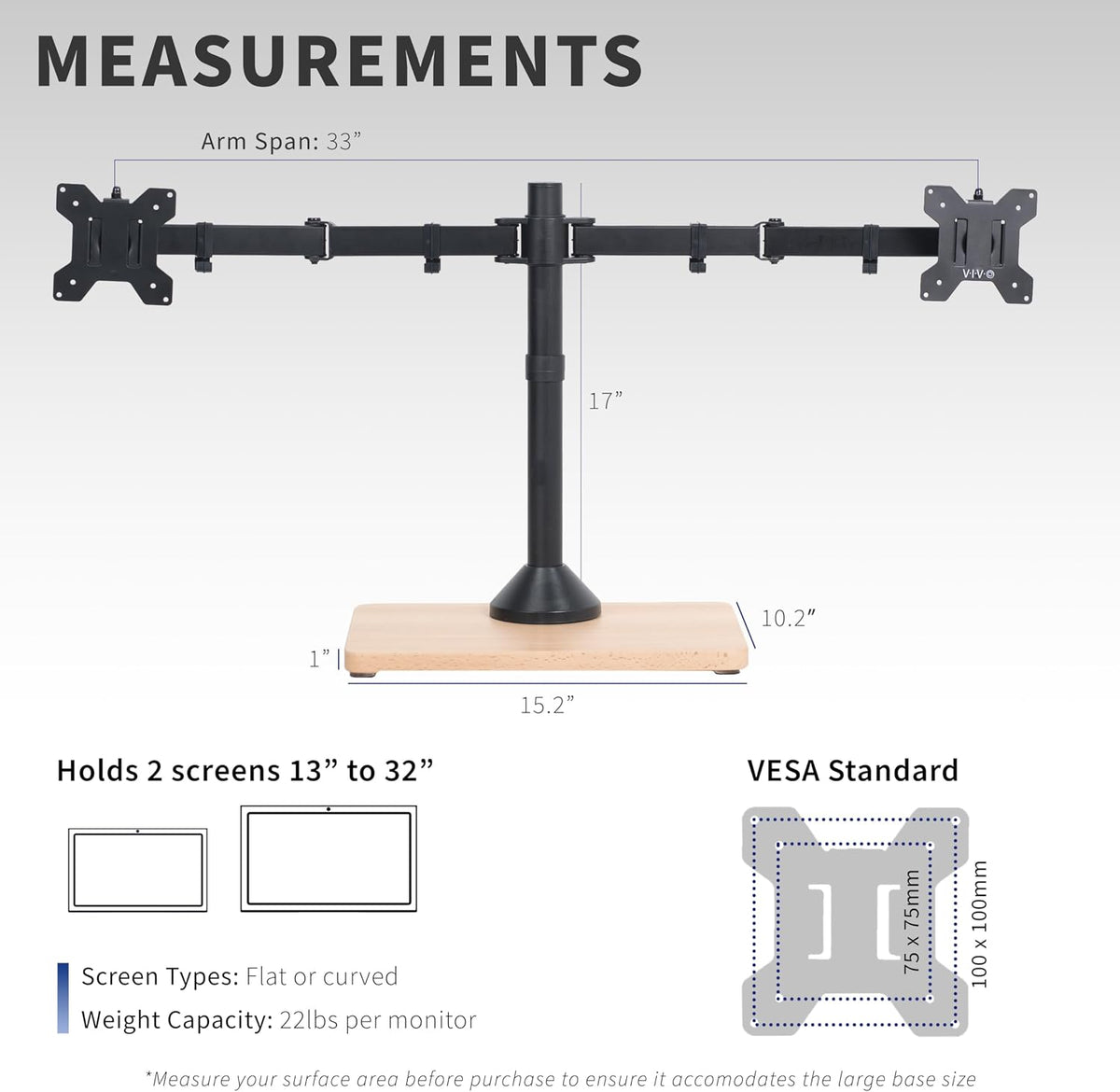VIVO Dual Monitor Desk Stand for 13 to 32 inch Screens, STAND-V002FD-B