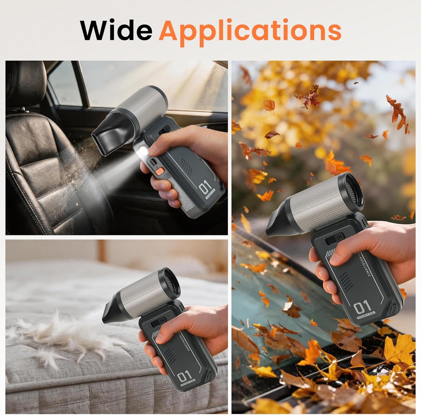 130,000 RPM Rechargeable Compressed Air Duster, Black | Stepless airflow, LED work light and 4 attachments for keyboards, computers, cars and narrow spaces