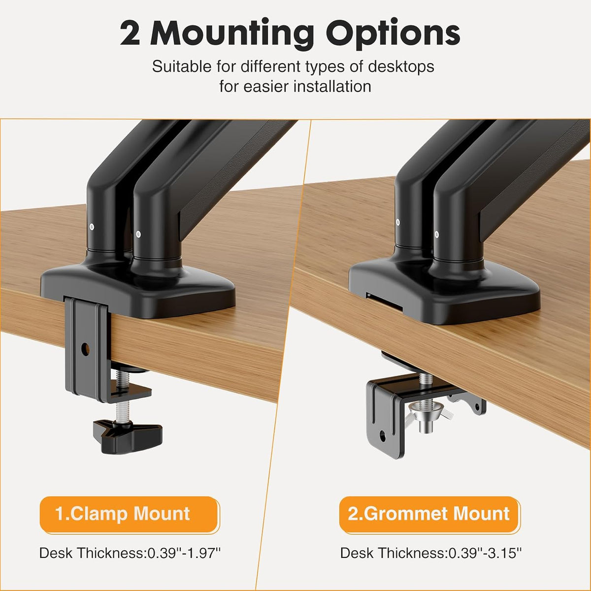 DUMOS Dual Monitor Mount for Desk, Gas Spring Monitor Arm for 2 Monitors Max 32 Inches, Fully Adjustable Double VESA Mount with C-Clamp/Grommet Base, Holds Screen 17.6 lbs