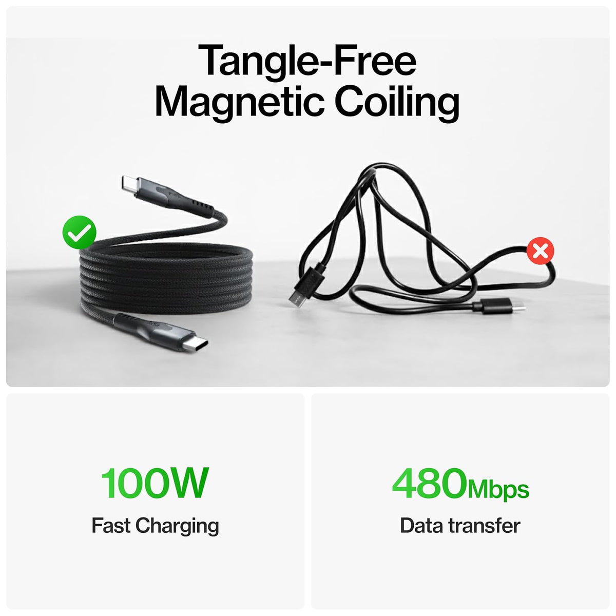 Statik MagStack Pro USB C to USB C Coiling Magnetic Charging Cable,100W | Nylon Braided Tangle-Free Design, Magnetic Coiling, Data Transfer, Compatible with iPhone & Android, 3FT Black