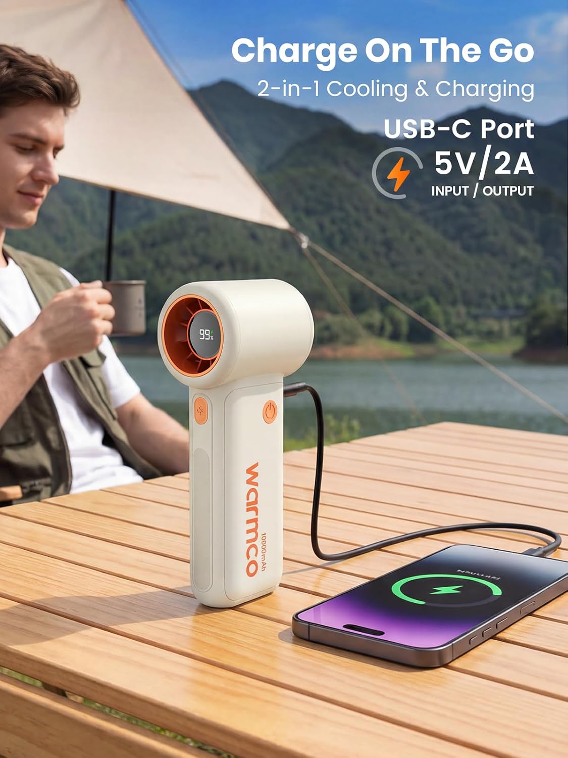 Warmco 10000mAh Portable Handheld Fan, [36H Long Runtime] USB Rechargeable Personal Mini Turbo Fan With 5 Speeds & LED Display for Travel Outdoor, Gift for Men and Women White