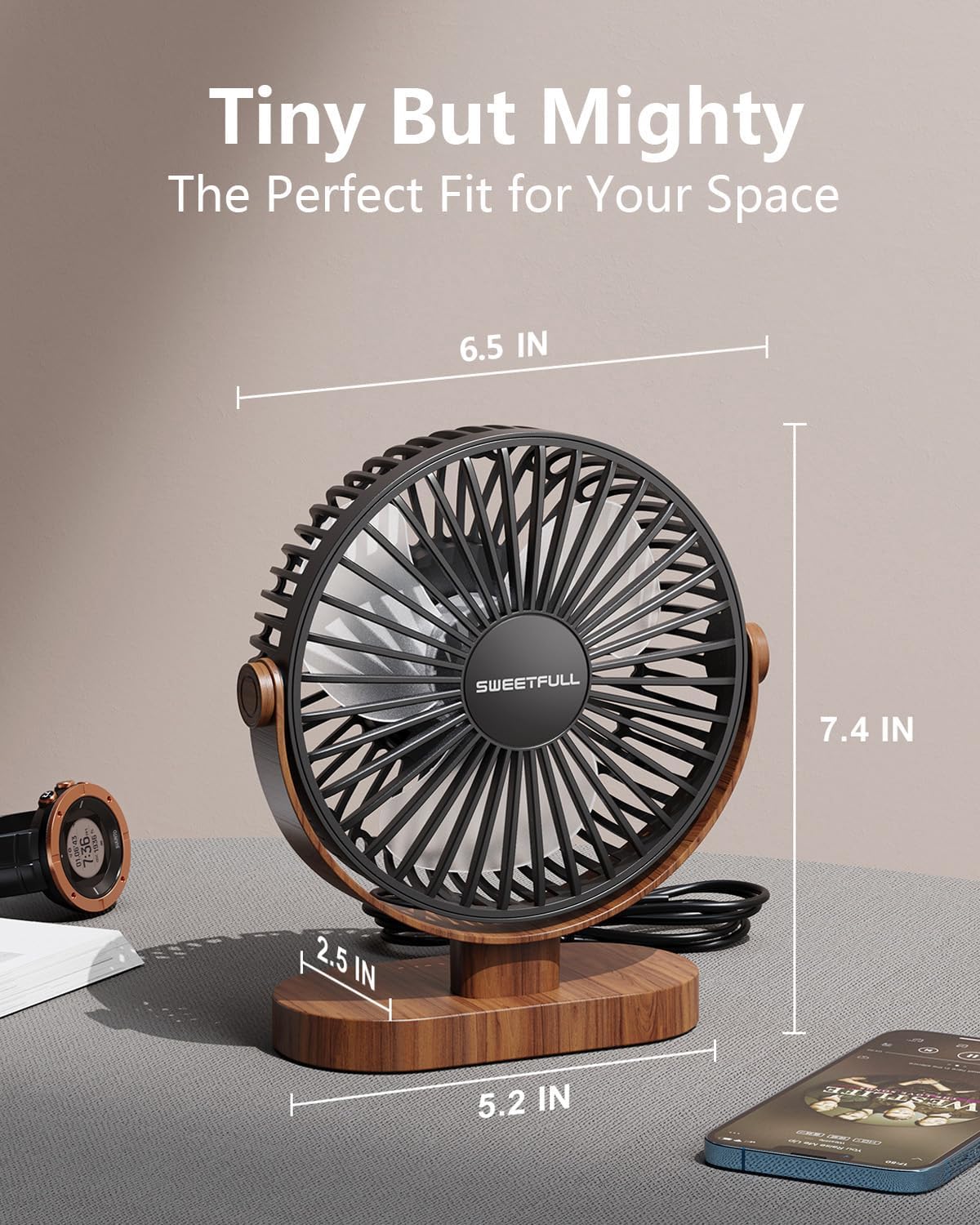 SWEETFULL Small USB Desk Fan, Desktop Table Fan, Quiet Office Mini - Black | 6.5" Personal Fan; 3 Speeds; 360° Adjustable; 25dB; 10oz; USB Powered; Stable Base; Easy Cleaning-Home & Cooling; Retro Decor