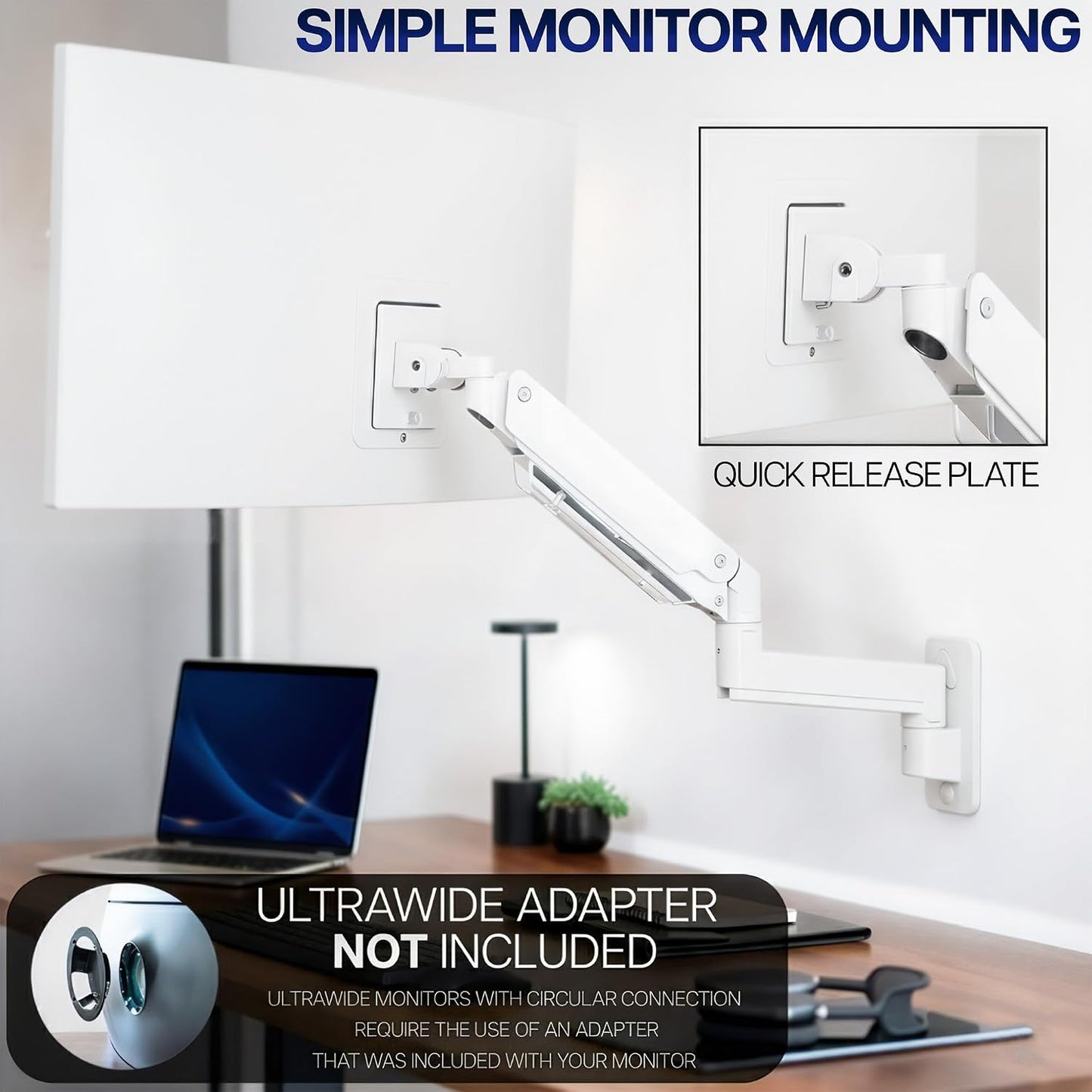 VIVO Premium Aluminum Heavy Duty Monitor Arm for Ultrawide Screens up to 49 inches and 44 lbs, Single Wall Mount, Pneumatic Height, Max VESA 100x100, White, MOUNT-V101G1W