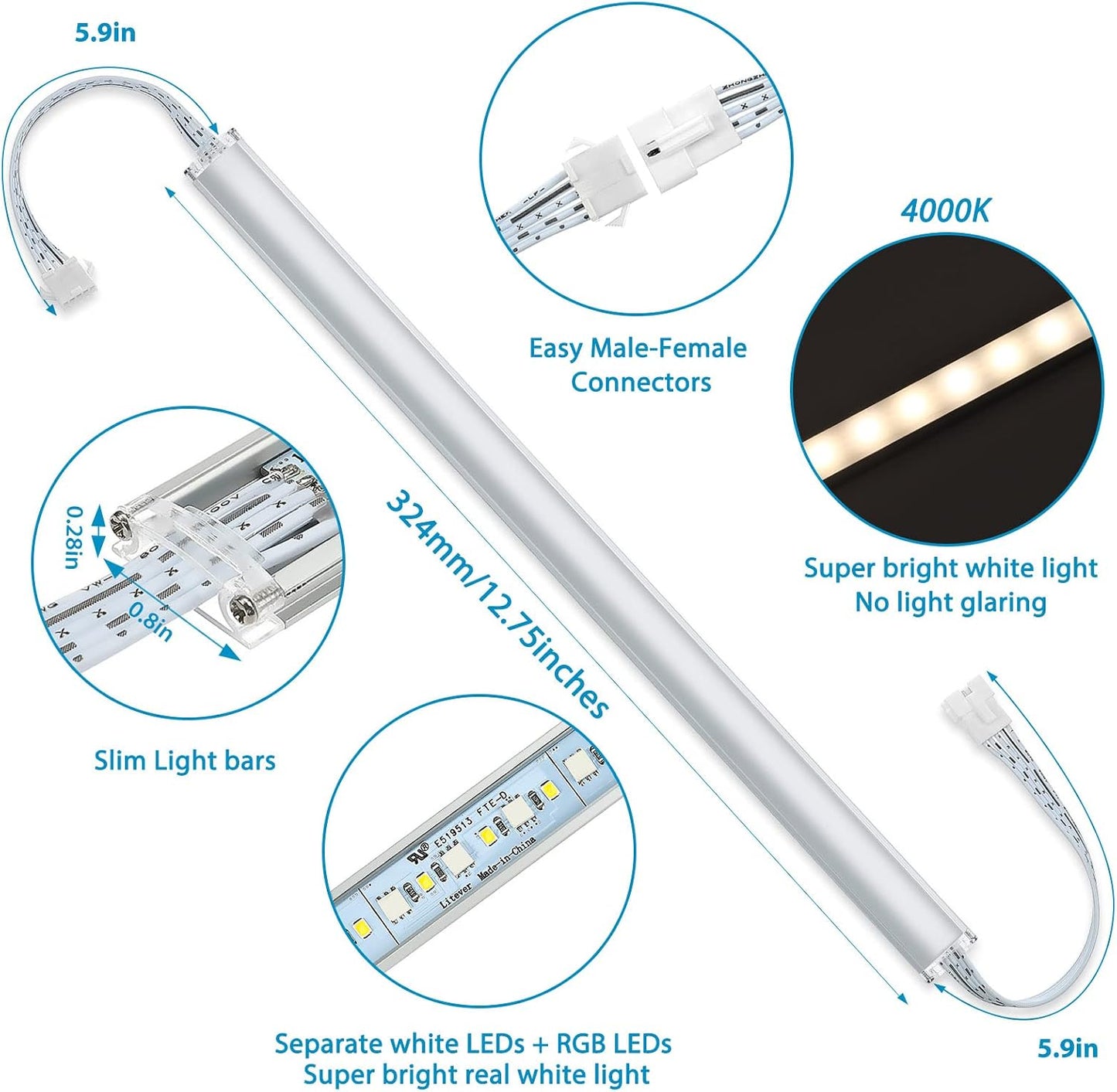 Under Cabinet LED Light. RGBW. Color Change & Super Bright 4000K | Remote with Dimming. 6 LED Light Bars with Power Adapter, Extension Cable. Plug in. Easy to Install. RGB + 4000K