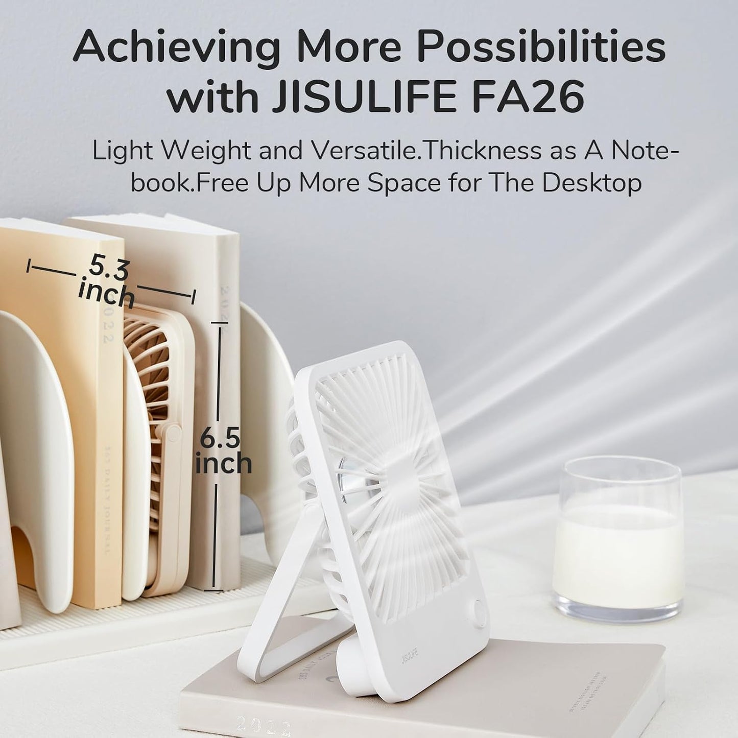 JISULIFE Desk Fan Battery Rechargeable, 180°Foldable Portable Personal Fan | 4500mAh Long-lasting Battery, 4 Speeds Adjustable for Home Office Travel Outdoor Gifts for Women Men-White
