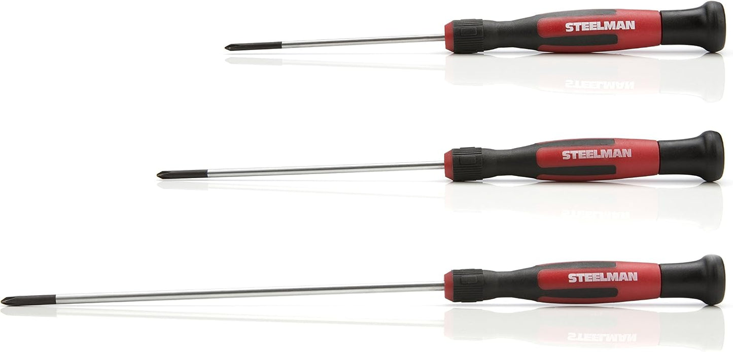STEELMAN Precision Steel Shaft 6-Piece Long Electronics Screwdriver Set, Variety of Slotted/Phillips Sizes, Swivel-Head, Magnetic Tips