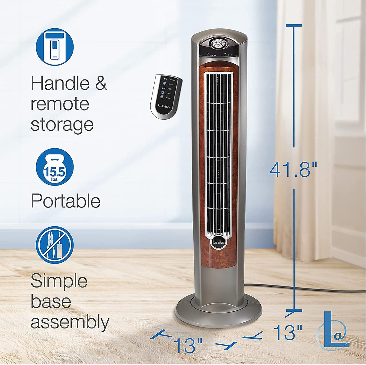 Lasko Oscillating Tower Fan with Remote - Quiet Standing Fan for Bedroom, Office, and Home - 3 Speeds - Powerful Cooling Air - T42954 - 42" Tall – Gray/Woodgrain