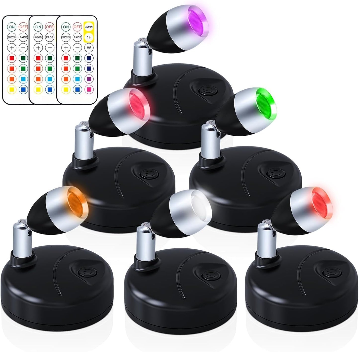 Spot Lights Indoor Battery Operated Uplights with Remote, RGBW 13 Color Wireless LED Spotlights Mini Stick On Wall Accent Lights Rotatable Head with Dimmer & Timer for Artwork Painting Closet