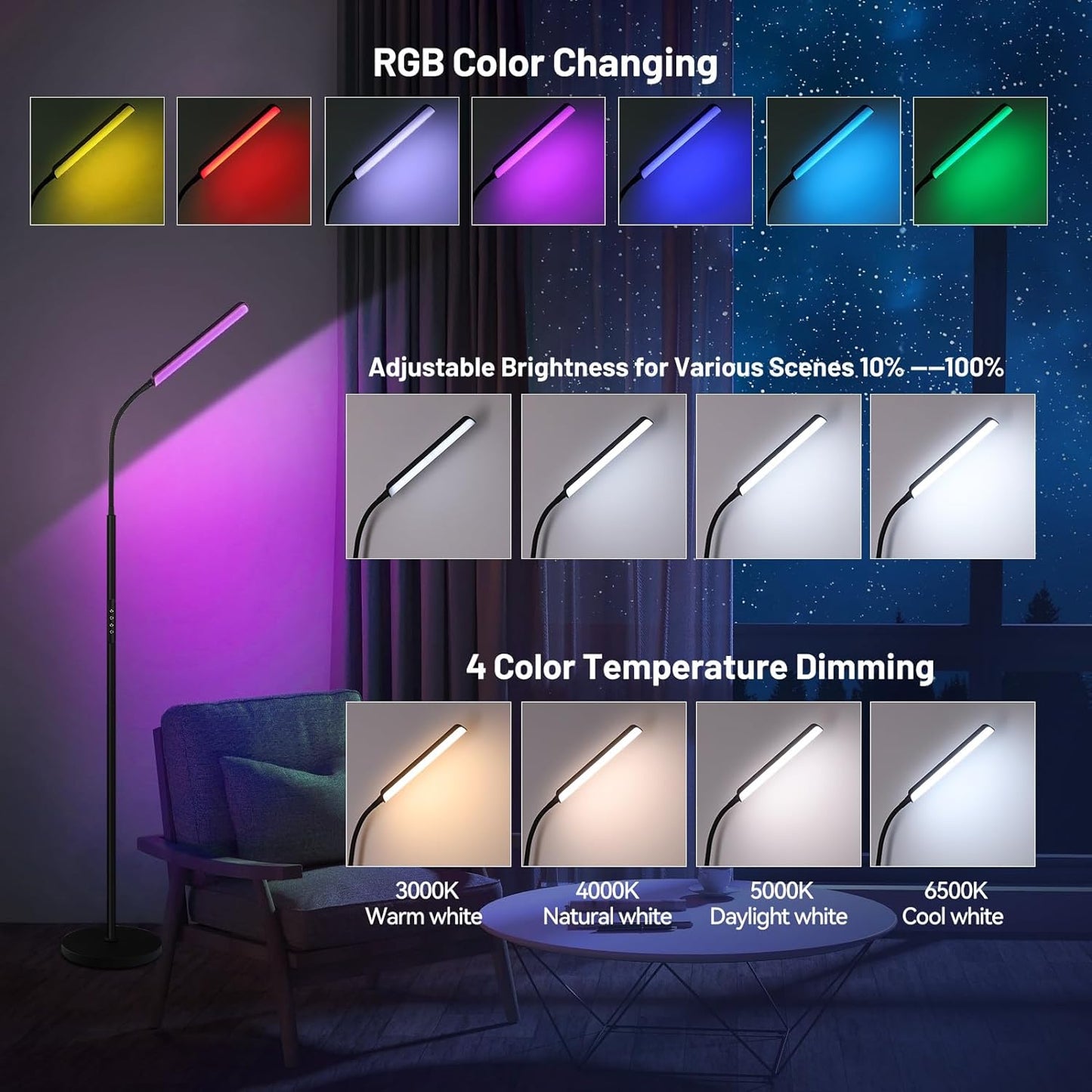 Dimunt LED Floor Lamp, Stepless Adjustable 3000K-6000K Colors, RGB | 4 Color Temps, Bright 15W Floor Lamps for Living Room with 1H Timer, Reading Standing Lamp with Remote & Touch Control, Home