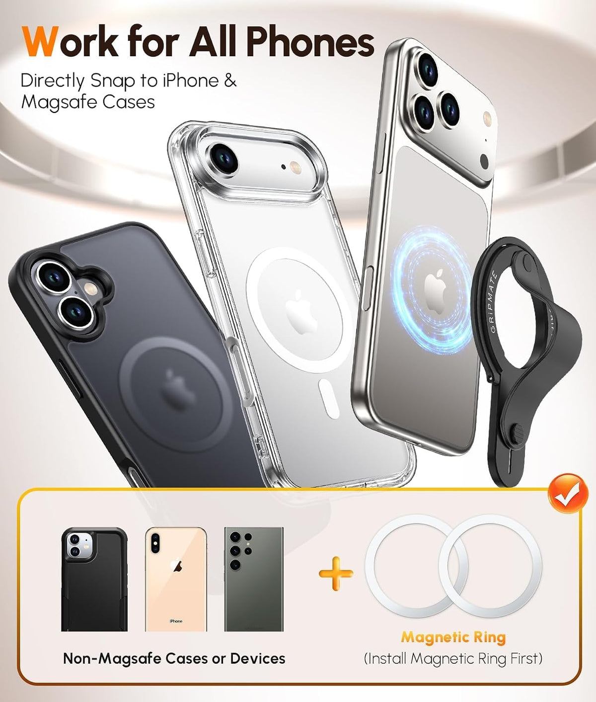 GripMate 2nd Magnetic Phone Ring Holder for MagSafe, Removable Finger Loop Phone Ring Grip, Two-Sided Magnet, Vertical & Horizontal Kickstand, Compatible with iPhone 17 Pro Max 16 15 14 13 12