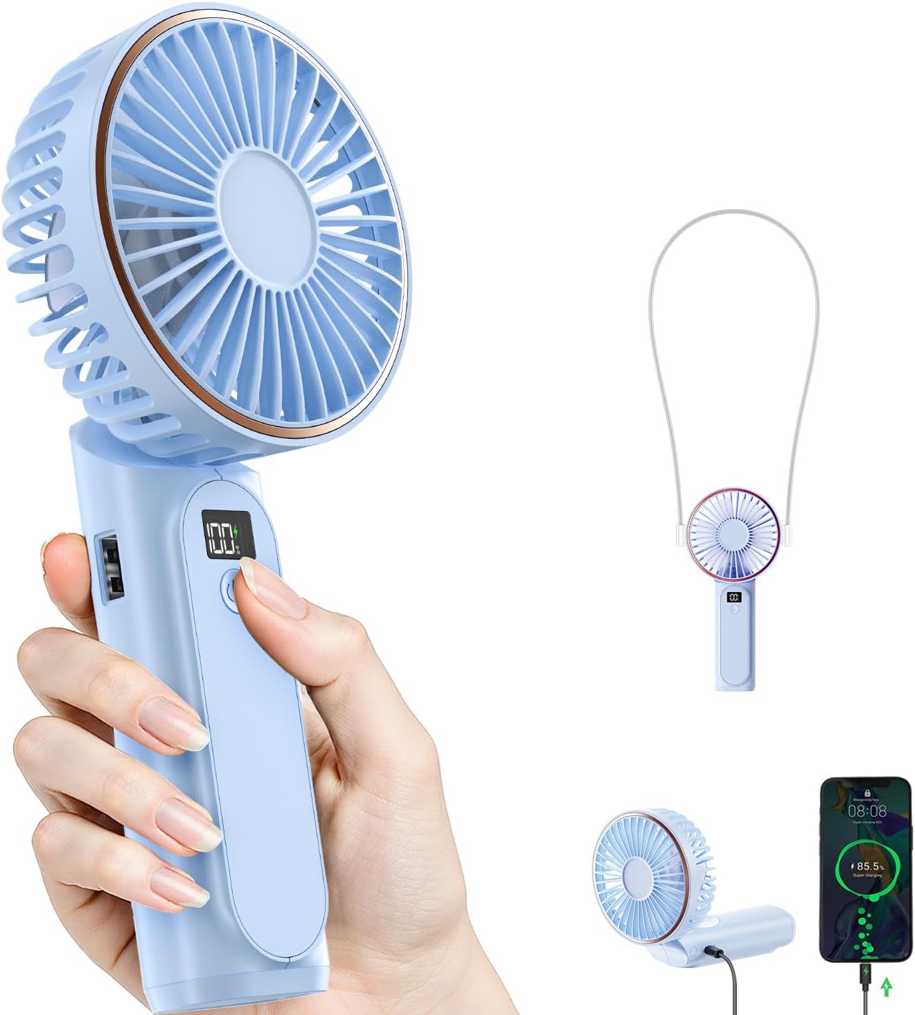 TUNISE Portable Handheld Fan, Portable Fan Rechargeable, 4000mAh, 180° Adjustable, 6 Speed Wind, Display Electricity in Real Time, USB Rechargeable Foldable Fan, Quiet Personal Fan as Power Bank