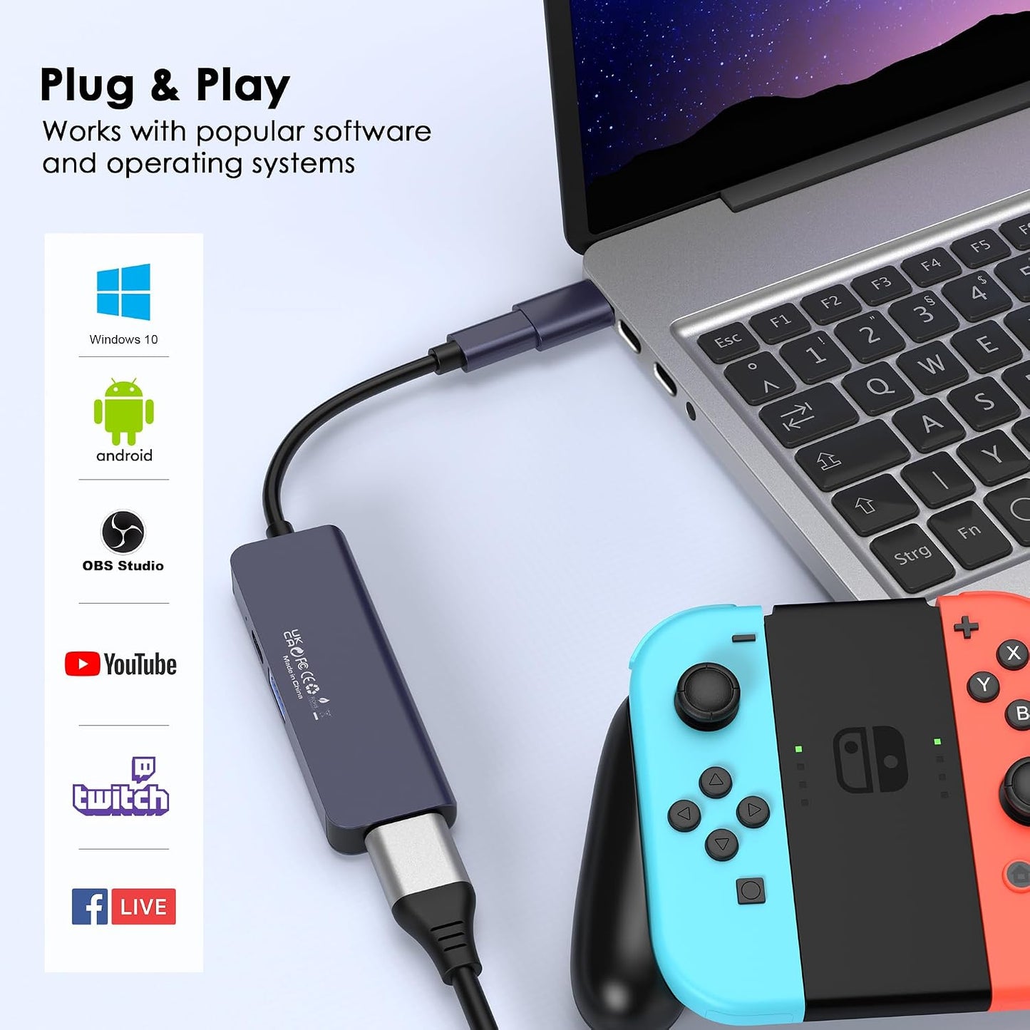 USB 3.0 Video Capture Card with PD 100W, Recording 4K, 1080P 60FPS, HDMI to USB-A/USB-C Capture Card with USB 3.0 Port for Quest 3, Switch, PS5/4, Camera, Xbox, Tablet PC