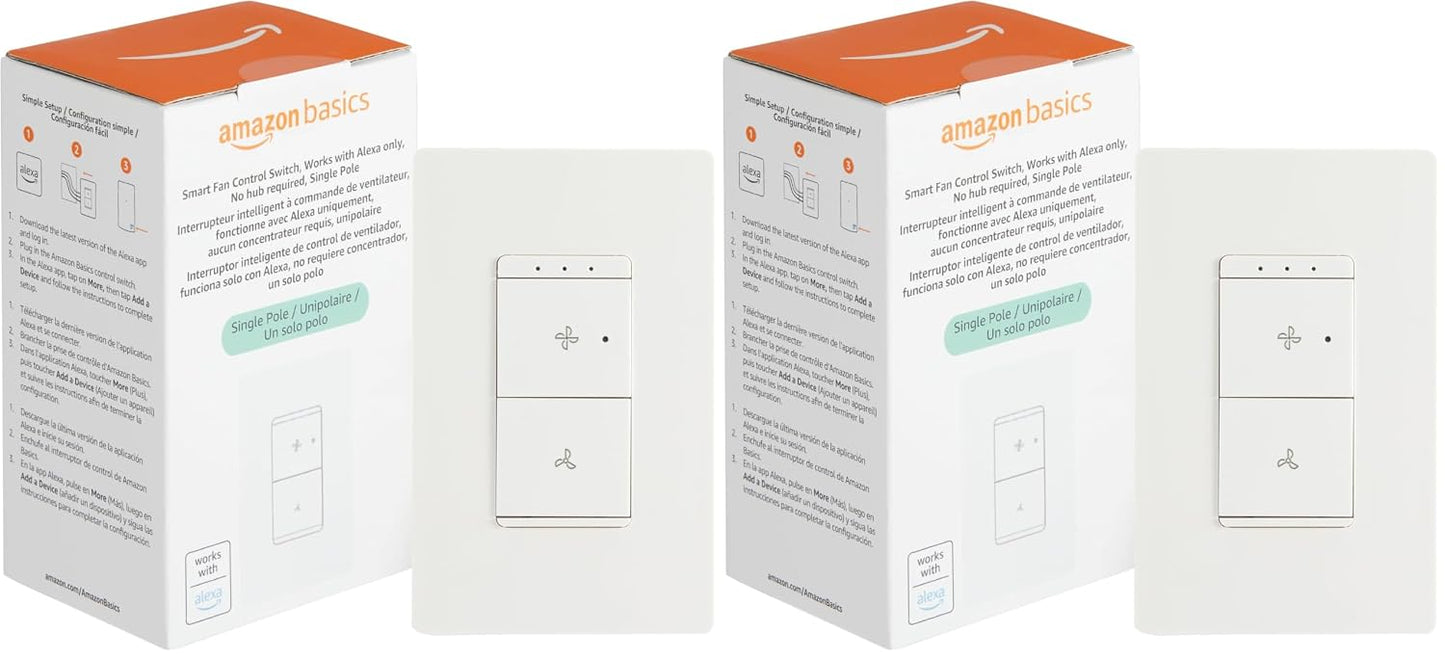 Amazon Basics Smart Ceiling Fan Control Switch, 4-Speed, Single Pole, Voice Control, Works with Alexa Only, Control from Anywhere, 2.4 GHz Wi-Fi, No Hub Required, White