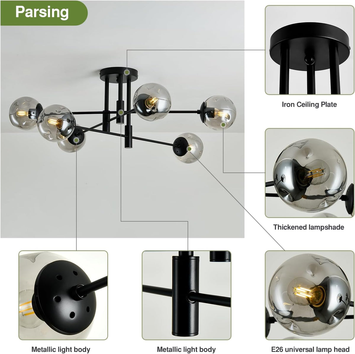 6-Lights Glass Globe Sputnik Chandelier Modern Flush Mount Ceiling Light Fixture Black Farmhouse Lighting for Dining Room Living Room Bedroom Kitchen Passageway.
