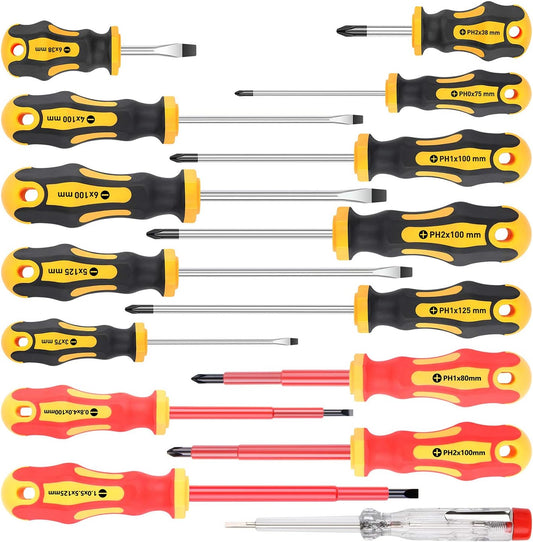 Amartisan 15-Piece Magnetic Screwdrivers Set, 5 Phillips Slotted Tips and Insulated Screwdriver Set (1000V)，Professional Cushion Grip