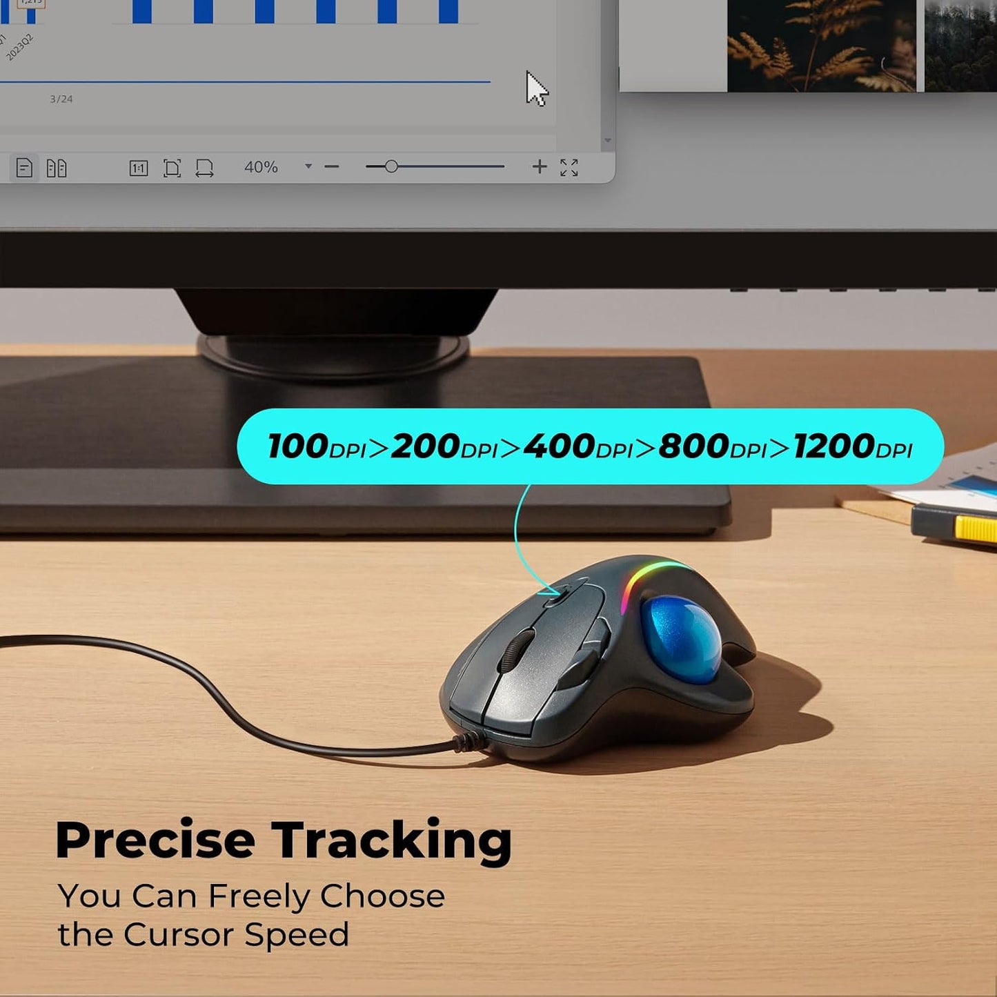Wired Trackball Mouse with RGB Lighting, Ergonomic Thumb Control to Reduce Muscle Strain, 5 Adjustable DPI, Dual USB-C & USB-A Connectivity, Compatible with PC, Laptop, Mac, Windows-Blue