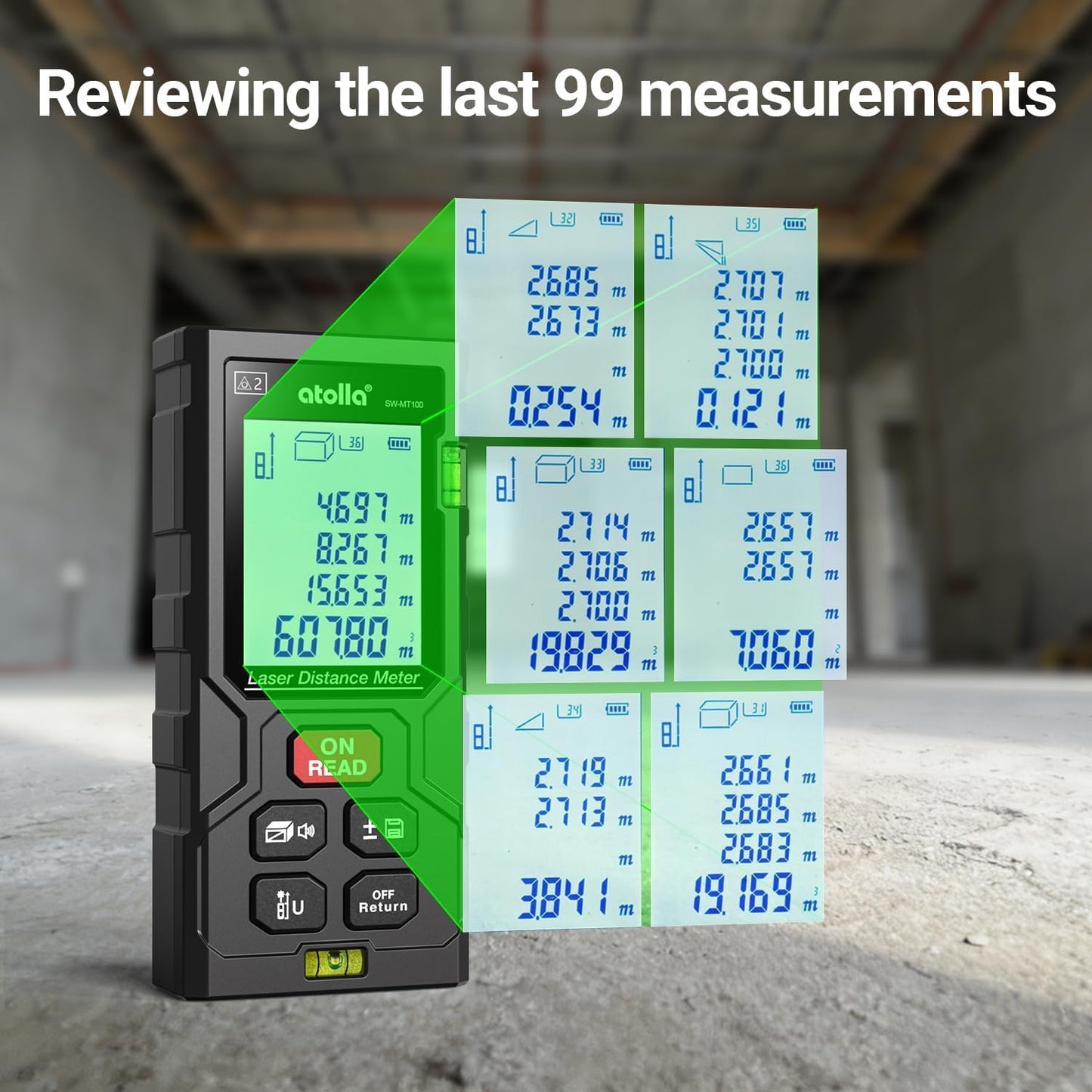 atolla Laser Tape Measure, Laser Distance Meter with Bubble Level | 4 Measurement Modes, 99 Measurement Memory, Backlit LCD, M/in/ft Unit Switching, Waterproof IP54, One Button Operation