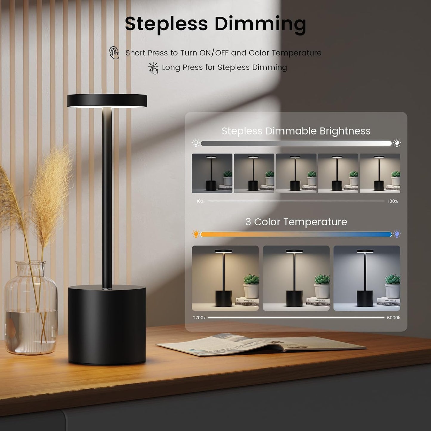 SAKRINGT 2 Pack Rechargeable Table Lamp, LED Cordless Table Lamp,5000mAh Battery Operated Portable Table Light,Dimming for Restaurant/Patio/Outdoor(Black)