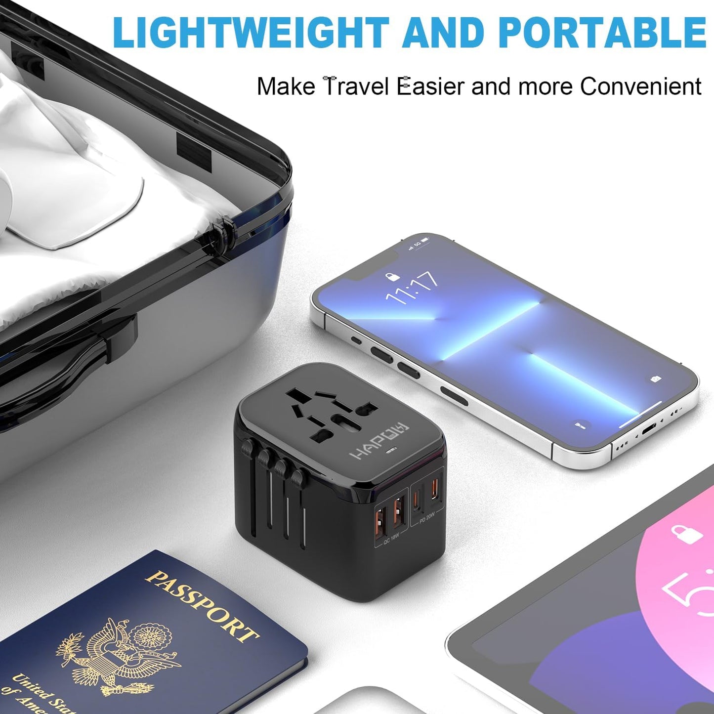 Universal Travel Adapter, PD20W International Power Adapter, 2 USB-C & 2 USB-A Fast Charging Travel Charger, All in One Worldwide Travel Plug Adapter, Outlet Adapter for Europe EU UK USA AU