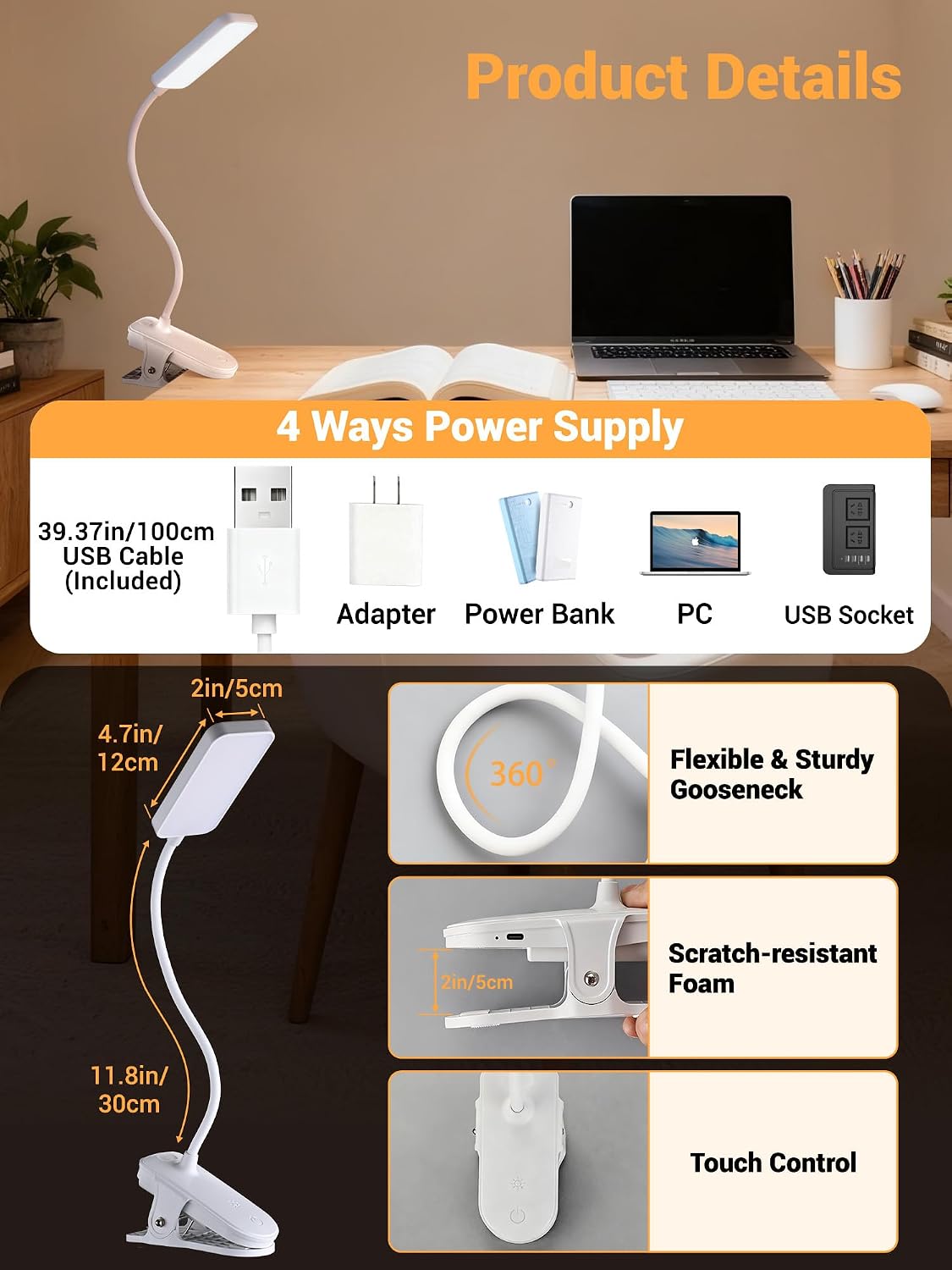 Clip on Light,45 Lighting Modes Rechargeable Desk Lamp with Clamp | 4000mAh Battery Operated Lamp,450 lm 48 LED Desk Light,Wireless & Cordless Reading Light for Bed/Bedside Table/Headboard/Dorm