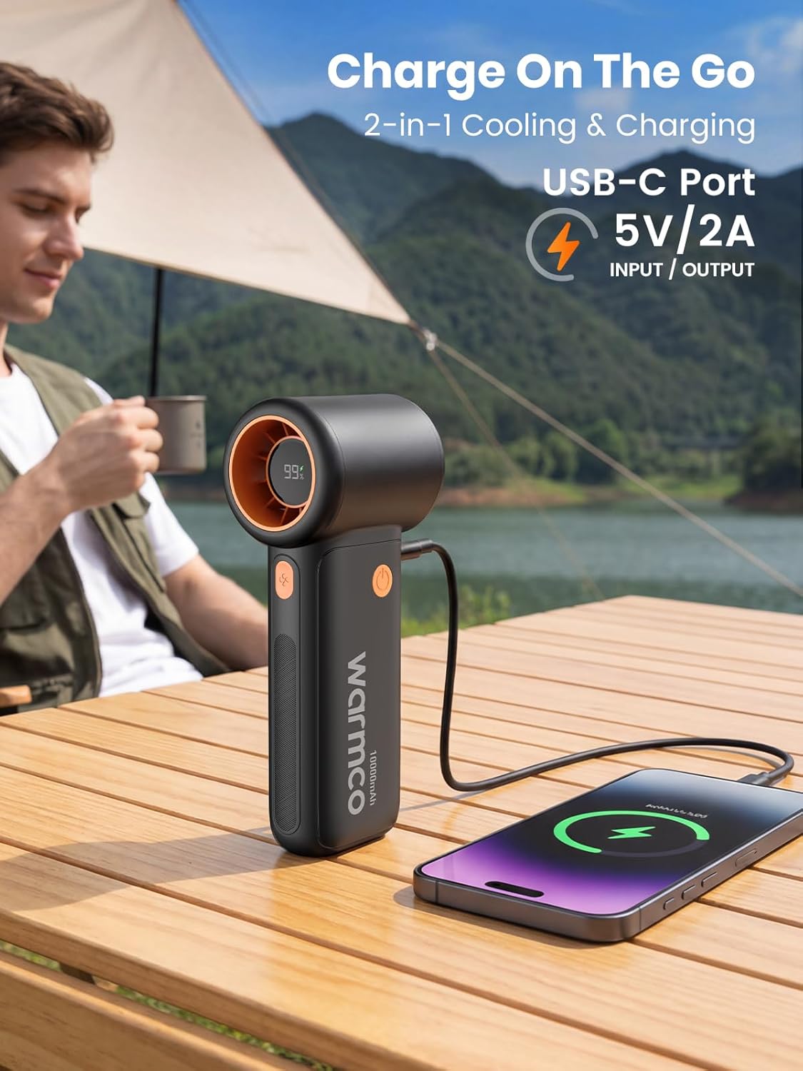 Warmco 10000mAh Turbo Portable Handheld Fan | 36H Runtime, 15000RPM Motor, 9m/s Airflow, 5 Speeds, LED Display, USB- C-C Two-Way Charging,Outdoor Travel