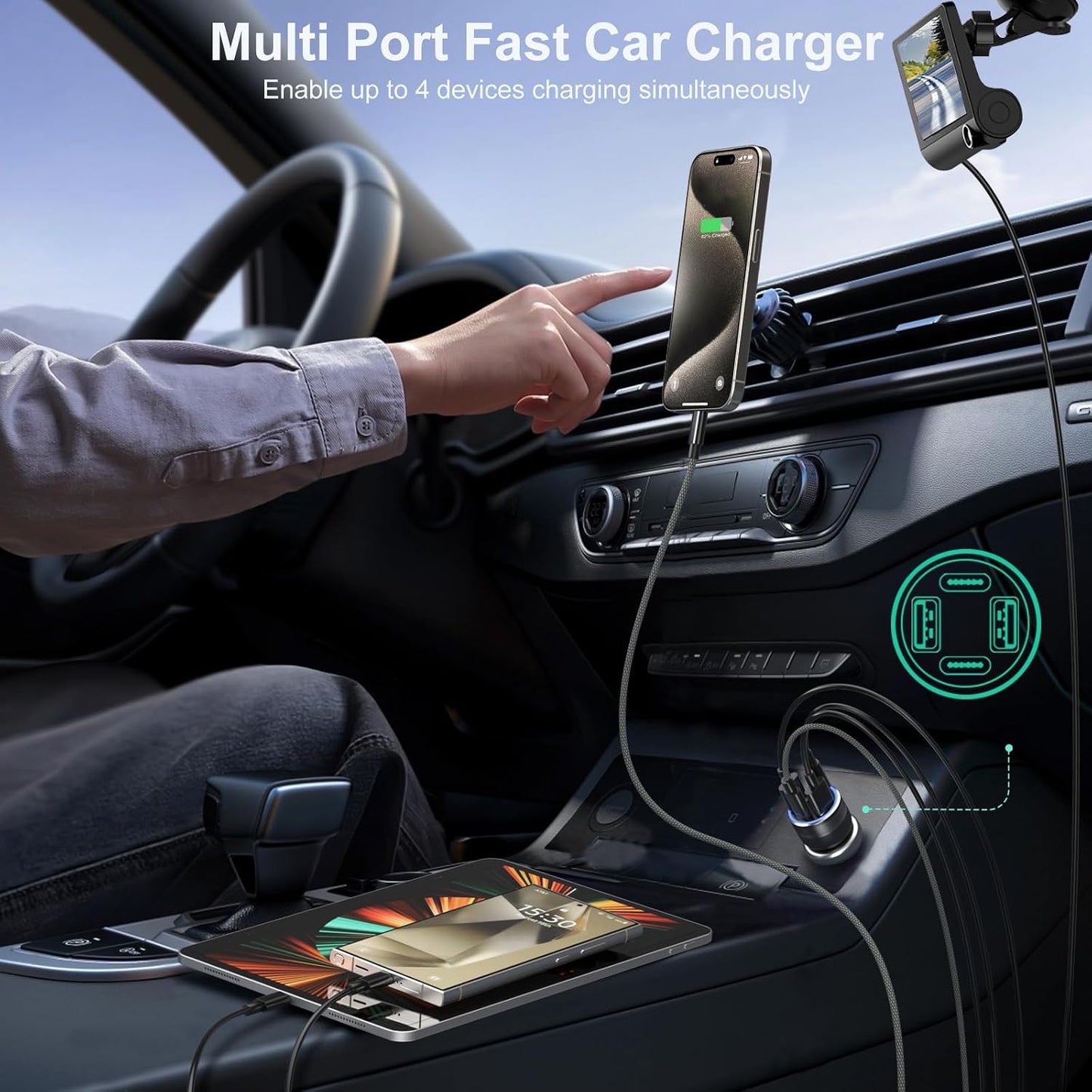 USB C Car Charger 3 Pack, 4-Port 65W Dual USB-C & USB A Car Phone Charger | QC+PD 3.0 Fast Charging,12V to USB Outlet Cigarette Lighter Adapter Plug, for iPhone 17/16/15/14/13/11 Pro,Samsung,Android