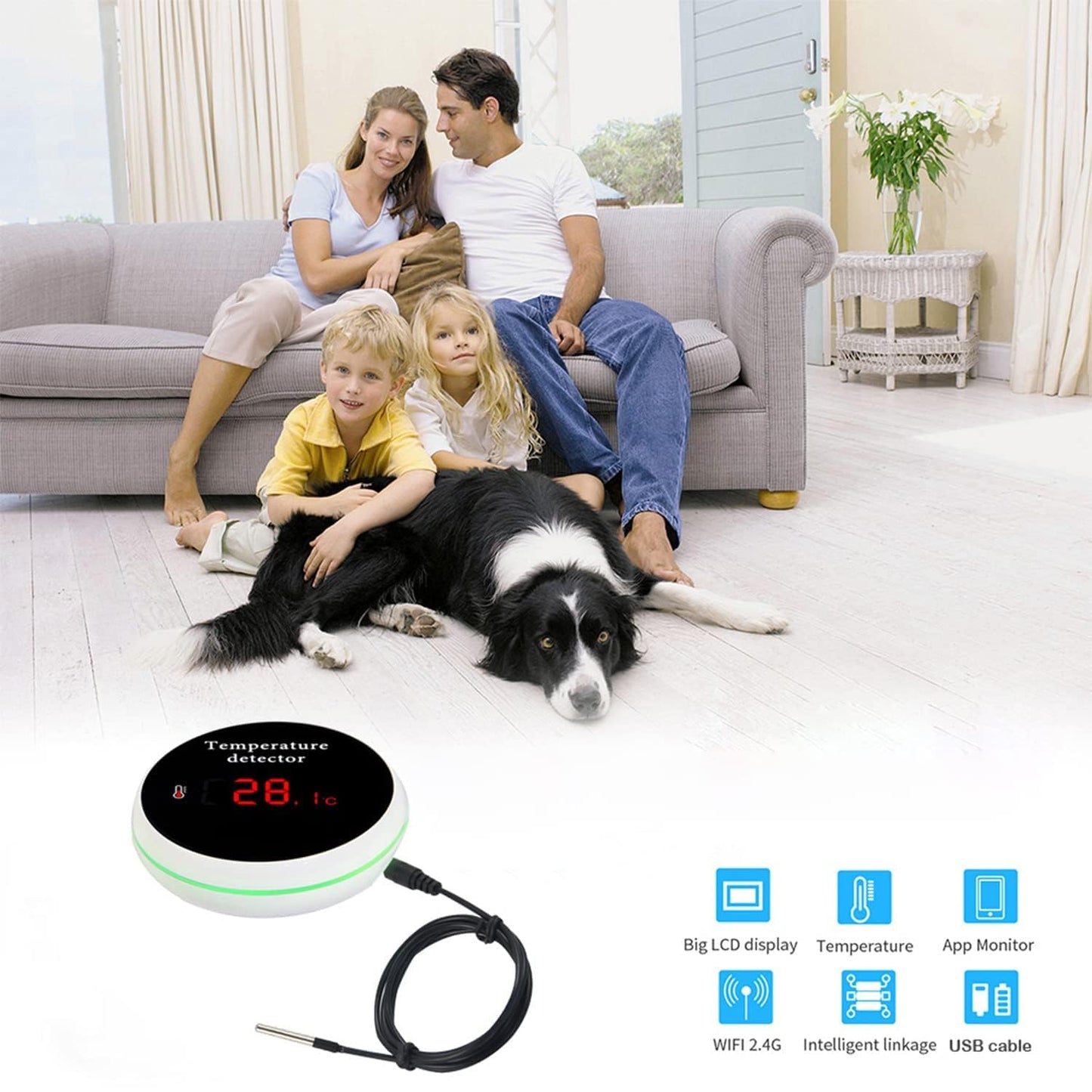 Tuya WiFi Temperature Sensor with 9.8ft Waterproof External Probe, | Intelligent Temperature Monitor with Backlight, LCD Display, Rechargeable Battery, Refrigerator, Aquarium