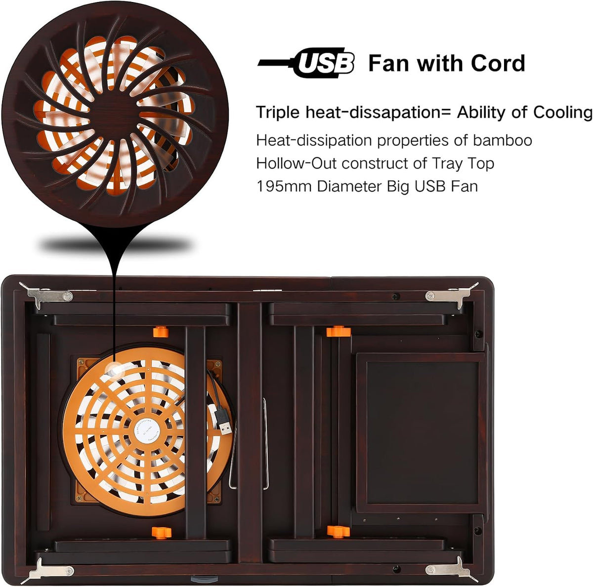 Nnewvante Laptop Desk with Fan 7 Angles & 4 Heights Adjustable,Black Walnut | Bamboo Foldable Lap Desk with Drawer, Phone Slot for Bed Floor