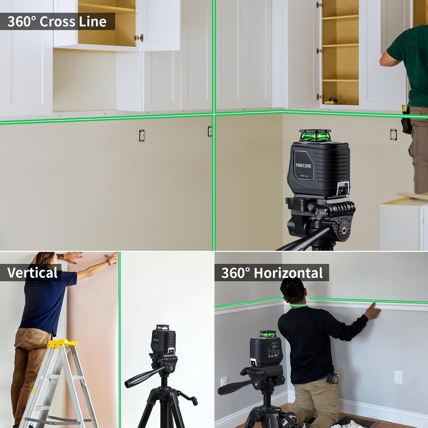 Firecore 360° Laser Level with Tripod, 100Ft Self Leveling Laser Level Green Cross Line Laser Leveler Tool for Picture Hanging Wall Tile Floor Construction, 60" Compact Tripod & Carry Pouch Included