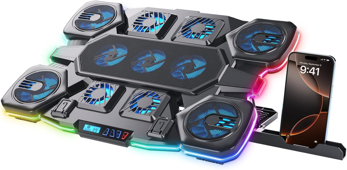 Gaming Laptop Cooling Pad - 11 High Speed Turbo Fans Ultra Quiet Laptop Cooler Stand with RGB Lights Digital Display Height Adjustable for 17 Inch Laptop