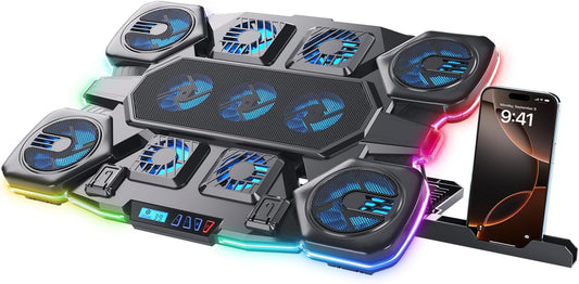Gaming Laptop Cooling Pad - 11 High Speed Turbo Fans Ultra Quiet Laptop Cooler Stand with RGB Lights Digital Display Height Adjustable for 17 Inch Laptop