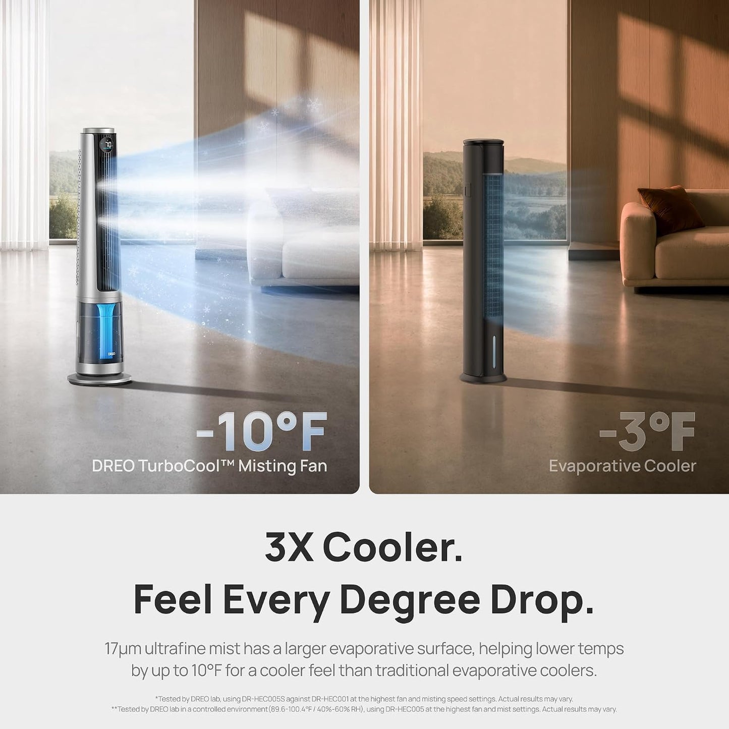 DREO TurboCool Misting Fan 765S, Fans that Blow Cold Air, 10°F Cooling Fan | 34ft/s Fast Evaporative Air Cooler, 6L Tank, 20 dB Quiet DC Motor, 90° Tower Fan with 12 Speeds, 4 Modes for Home, Silver
