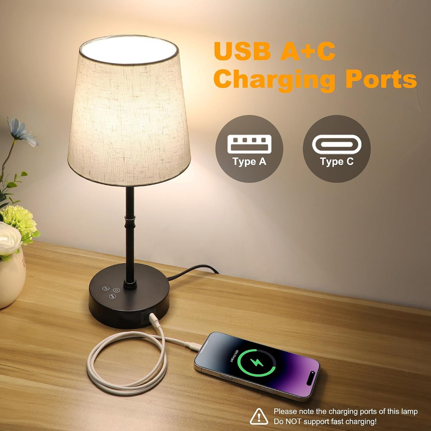 Ascher Bedside Table Lamp Set of 2, RGB Color Changing, 3 Color Temperatures, Dimmable Nightstand Lamp with USB C+A Ports, Touch Desk Lamp for Bedroom Living Room, H15.6in, Flaxen Shade