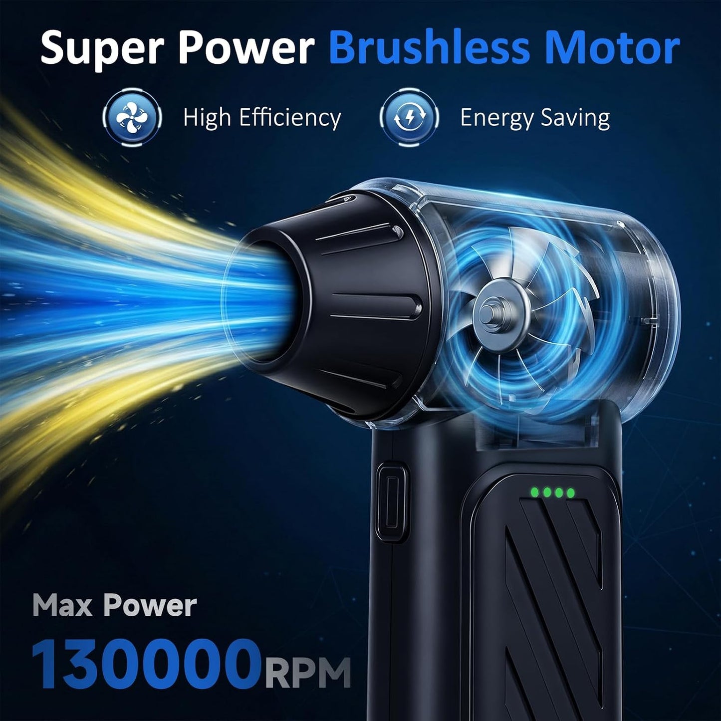 Compressed Air Duster, 130,000RPM Ultra-Powerful Cordless Electric Air Duster with 4000mAh Rechargeable Battery, 3-Gear Adjustable Air Blower for Keyboard, Computer, Car, Home Cleaning