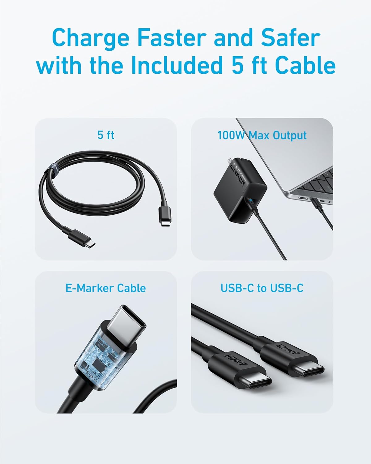 Anker Laptop Charger, Compact Foldable 100W USB C Charger with 5FT Cable | High-Speed for MacBook Pro/Air, Samsung Galaxy, iPhone 17/16, iPad Pro, and More