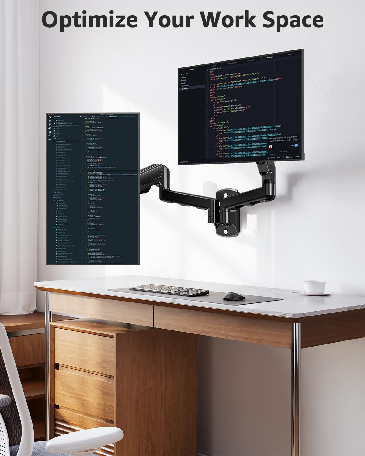 MOUNTUP Dual Monitor Wall Mount for 2 Max 32 Inch Computer Screen, Fully Adjustable Double Monitor Arm, Wall Mounted Monitor Holder Support 4.4-19.8lbs Display, VESA Bracket 75x75, 100x100