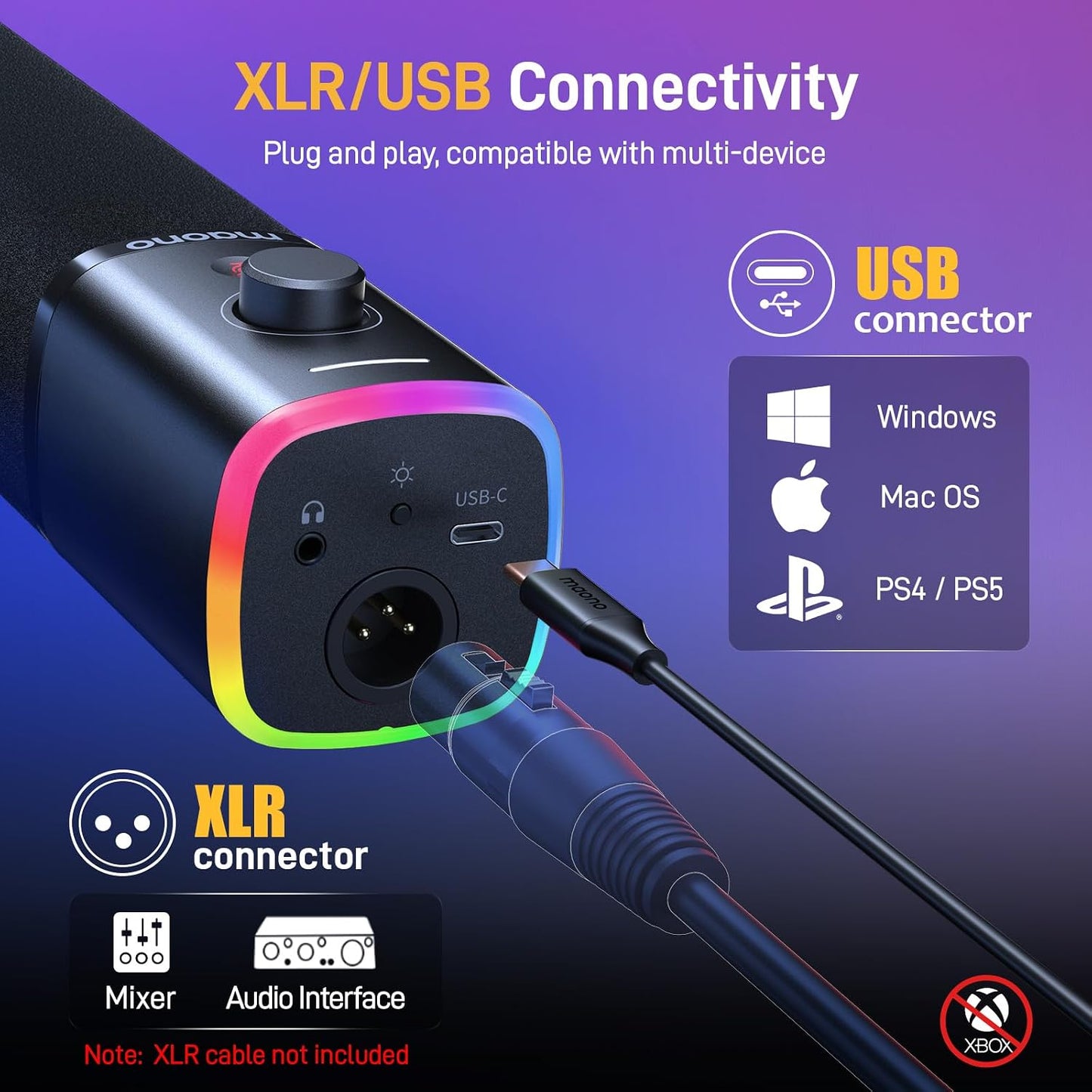 MAONO XLR/USB Gaming Microphone for PC, Dynamic Computer Mic for Streaming Podcasting, Noise Reduction, Mute, Volume Control, RGB Boom Mic for Vocal Recording,Voice-Over, PD100XS Black