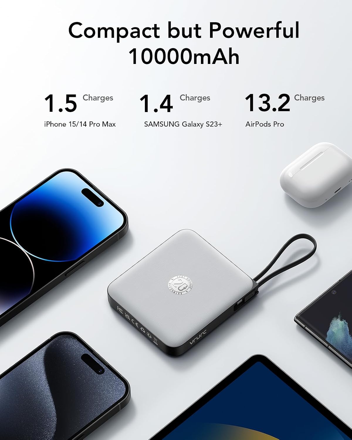 VRURC Portable Charger with Built-in Cables, 10000mAh 22.5W Fast Charging | Compact Battery Pack with LED Display, Cell Phone Power Bank for iPhone 17/16/15 Series , Samsung Galaxy & USB-C Devices,Grey